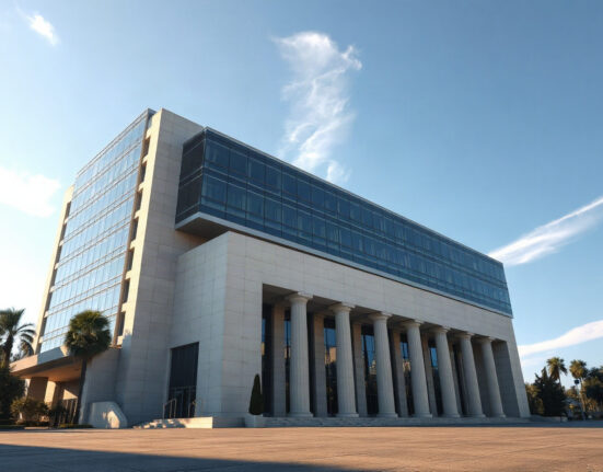 Bank of Mexico headquarters building in Mexico City on a clear morning