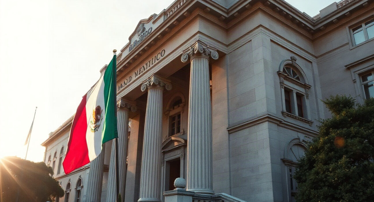 Banco de México headquarters in Mexico City with Mexican flag in foreground