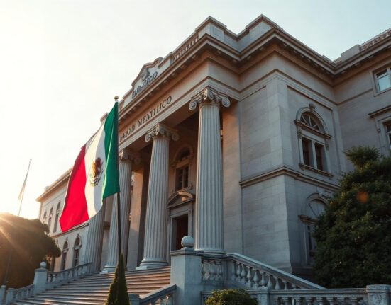 Banco de México headquarters in Mexico City with Mexican flag in foreground