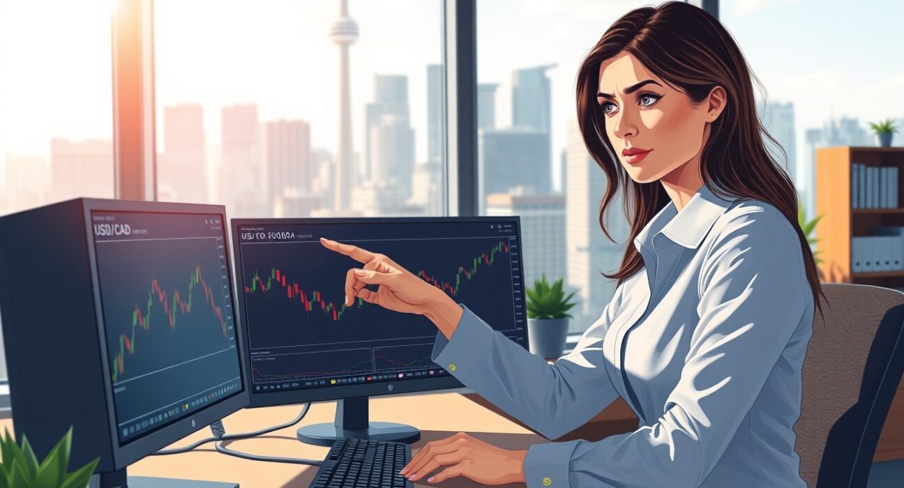 Financial analyst examines USD/CAD exchange rate charts amid Barclays forecast revision