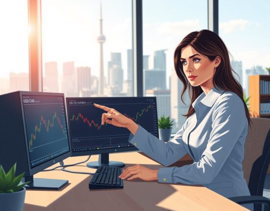 Financial analyst examines USD/CAD exchange rate charts amid Barclays forecast revision