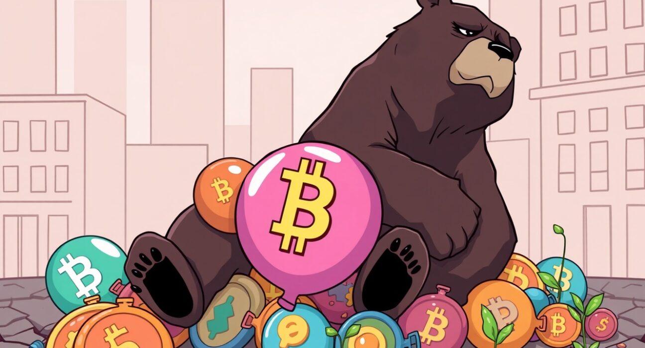 A cartoon bear symbolizing a bearish crypto market outlook sitting on deflated cryptocurrency tokens.