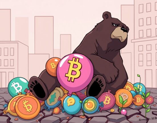 A cartoon bear symbolizing a bearish crypto market outlook sitting on deflated cryptocurrency tokens.