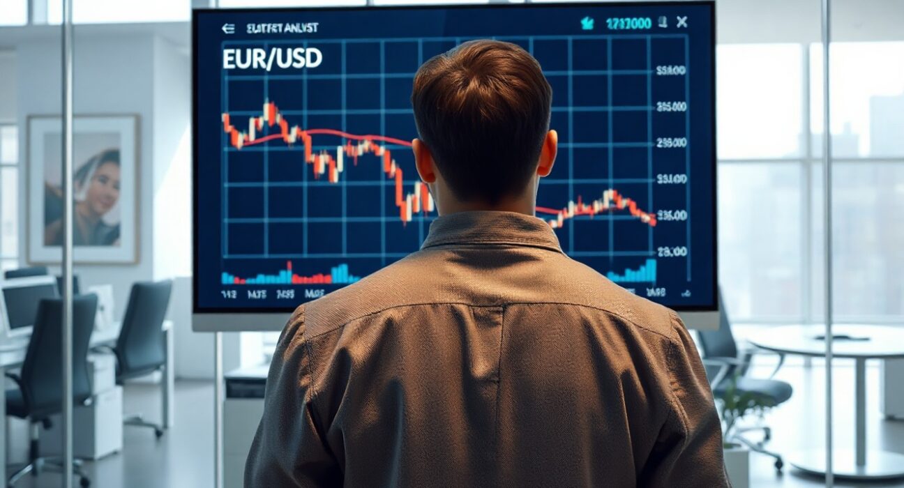 Financial analyst monitoring a EUR/USD chart with a downward trend on a digital screen in a modern office.