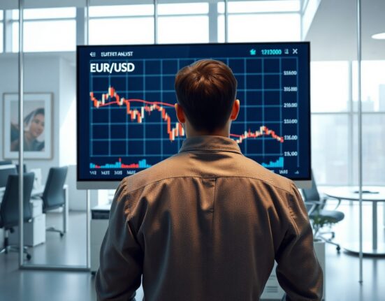Financial analyst monitoring a EUR/USD chart with a downward trend on a digital screen in a modern office.