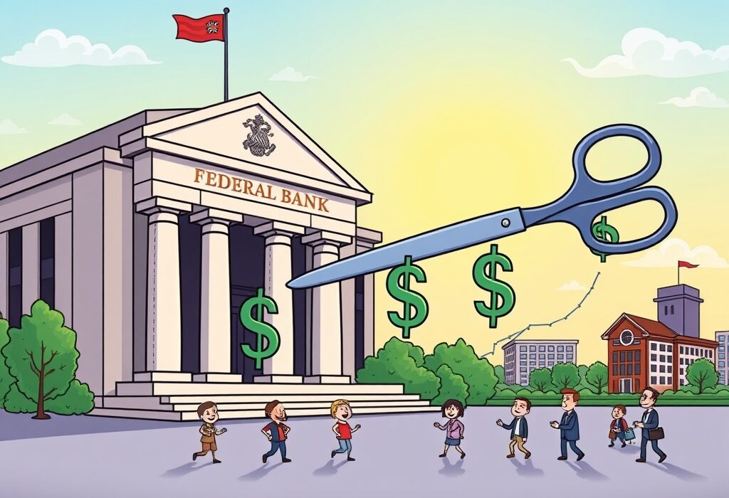 A cartoon illustrating the Federal Reserve making Fed rate cuts, symbolizing economic relief and growth for consumers.