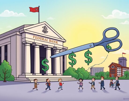 A cartoon illustrating the Federal Reserve making Fed rate cuts, symbolizing economic relief and growth for consumers.