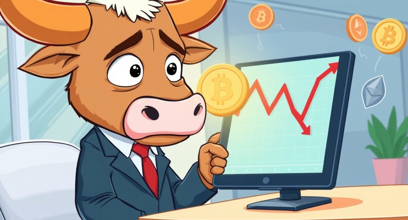 A cartoon bull analyzing a falling Coinbase price target chart in a vibrant financial office.