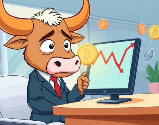 A cartoon bull analyzing a falling Coinbase price target chart in a vibrant financial office.