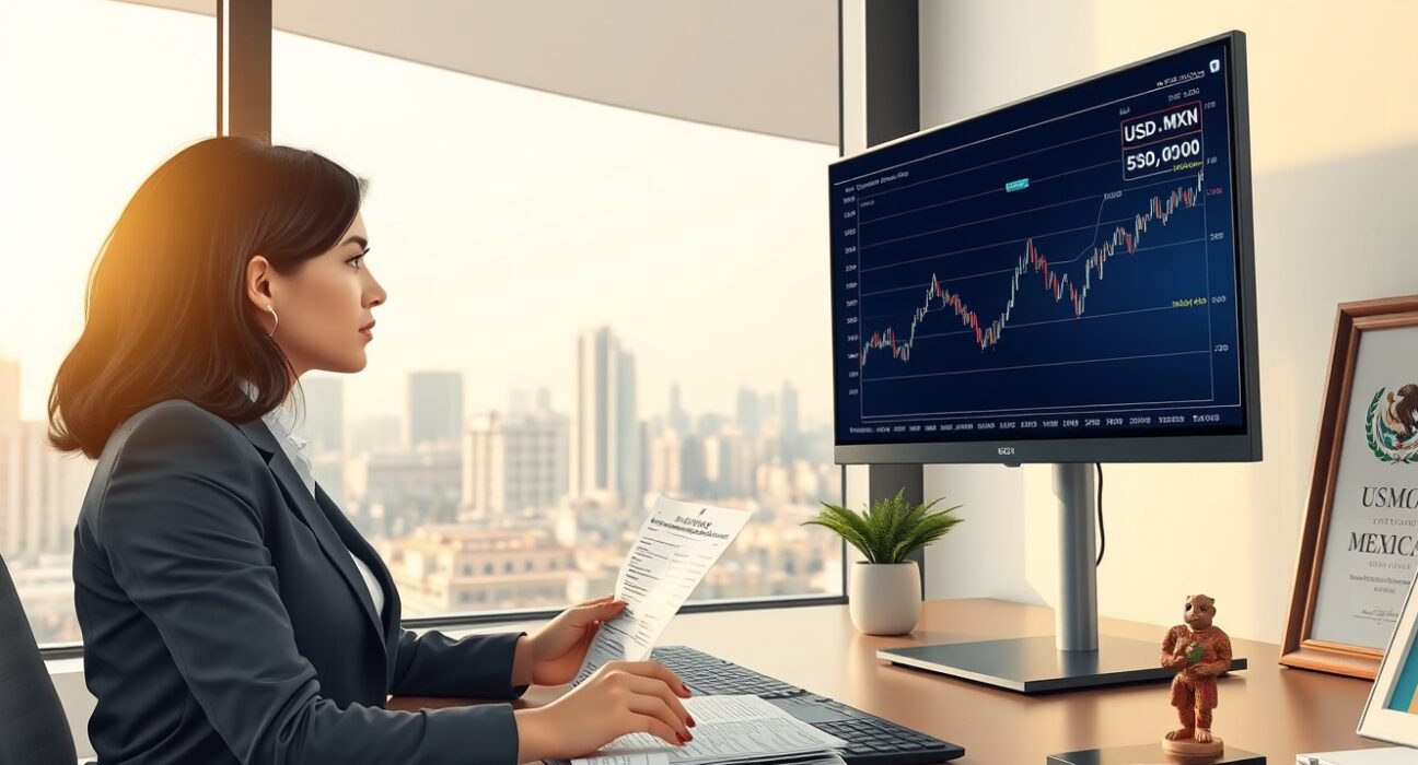 Financial analyst in Mexico City analyzing USD/MXN currency forecast data with Barclays research reports