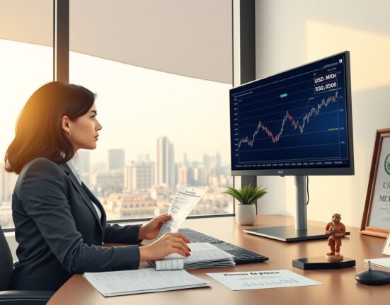 Financial analyst in Mexico City analyzing USD/MXN currency forecast data with Barclays research reports