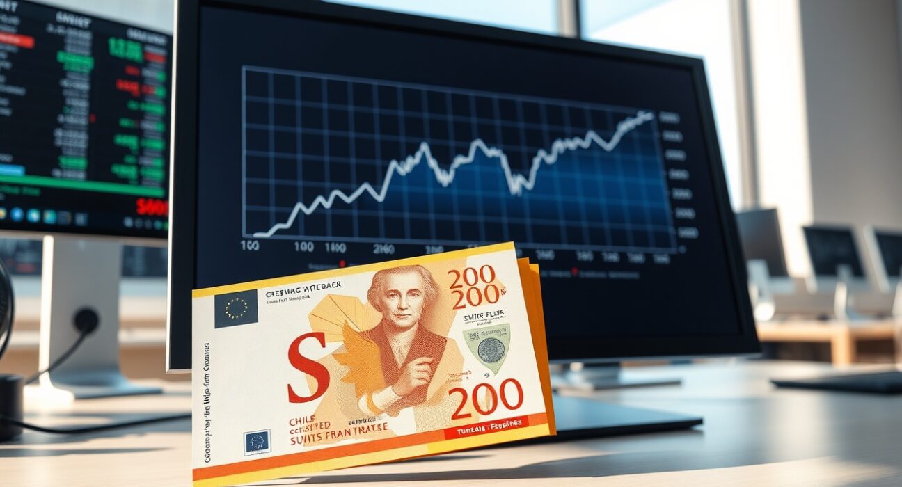 Swiss franc banknotes and financial chart illustrating Barclays forecast for CHF strength.