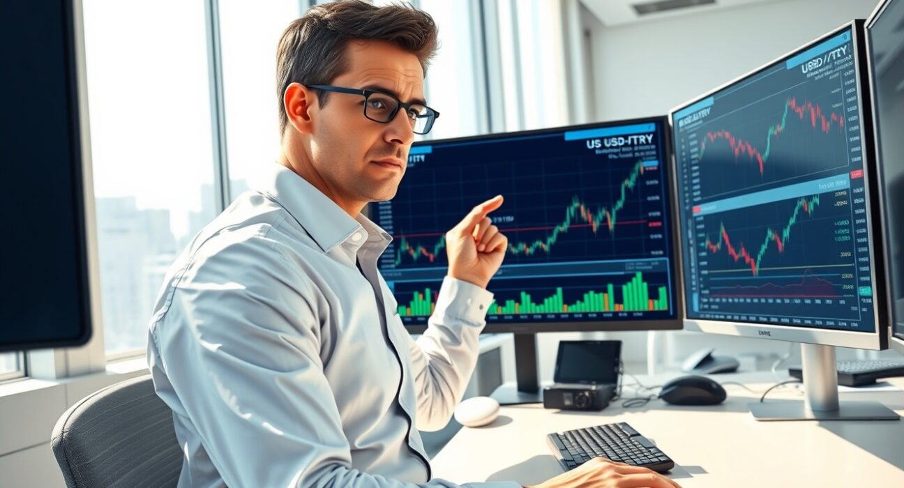 Financial analyst reviewing USD/TRY exchange rate data and Barclays inflation forecast for Turkey's economy