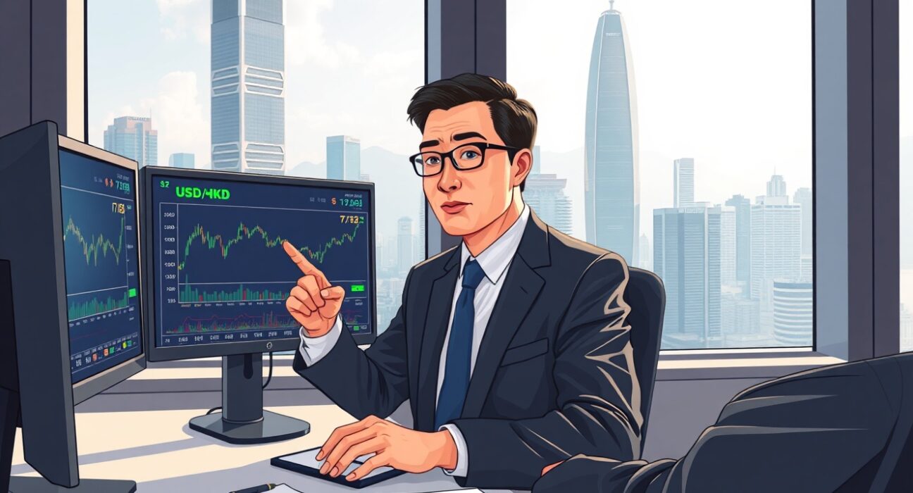 Financial analyst in Hong Kong office analyzing USD/HKD exchange rate consolidation forecast by Barclays