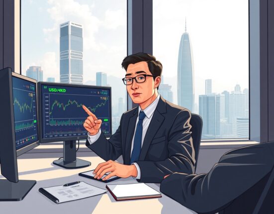 Financial analyst in Hong Kong office analyzing USD/HKD exchange rate consolidation forecast by Barclays