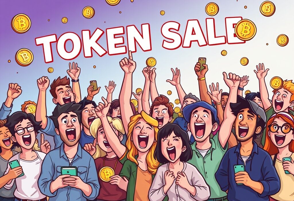 A cartoon illustration of investors eagerly participating in the BARD token community sale, symbolizing a new crypto opportunity.