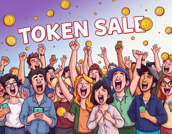 A cartoon illustration of investors eagerly participating in the BARD token community sale, symbolizing a new crypto opportunity.