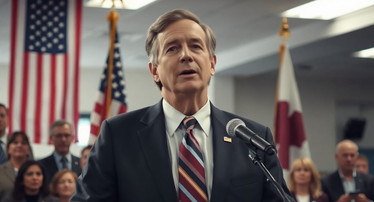 Rep. Barry Moore speaking at a podium during his Alabama Senate primary victory event, with American and Alabama flags in background.