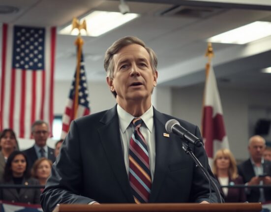 Rep. Barry Moore speaking at a podium during his Alabama Senate primary victory event, with American and Alabama flags in background.