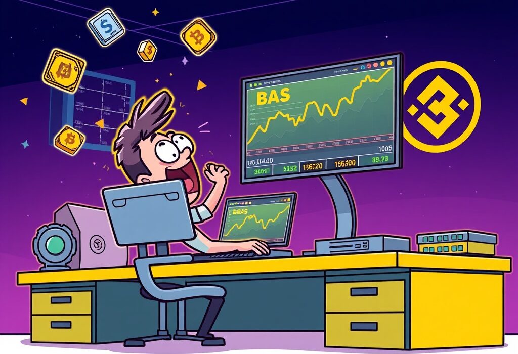 Cartoon illustration of a trader celebrating the launch of BAS perpetual futures on Binance, highlighting new BAS perpetual futures trading opportunities.