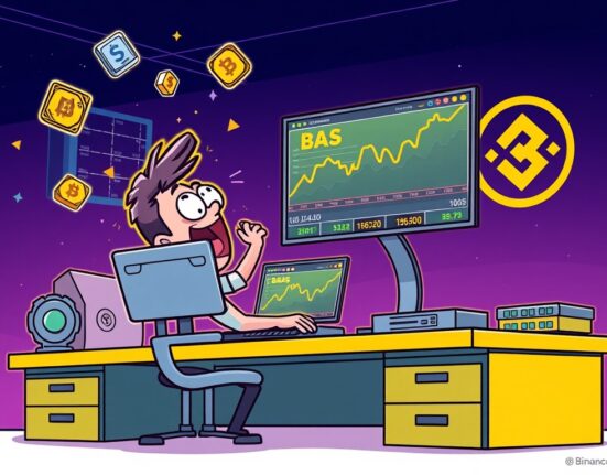 Cartoon illustration of a trader celebrating the launch of BAS perpetual futures on Binance, highlighting new BAS perpetual futures trading opportunities.