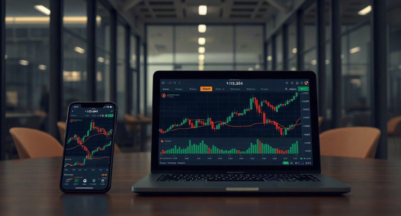 Digital trading platform on smartphone and laptop showing tokenized stock charts and crypto symbols