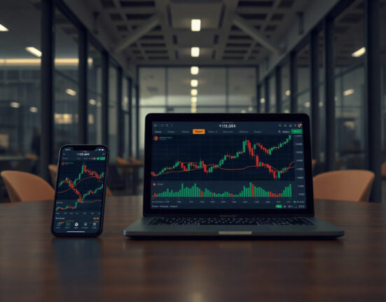 Digital trading platform on smartphone and laptop showing tokenized stock charts and crypto symbols