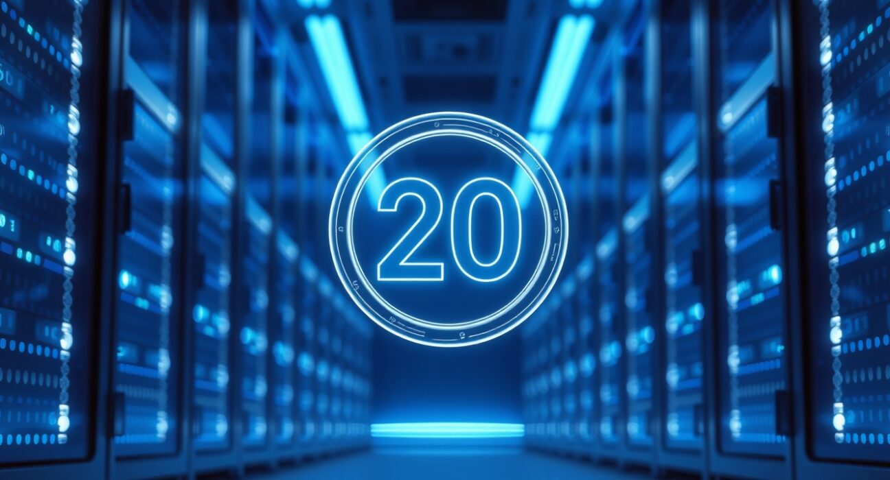 Glowing B20 token floating above server racks in a modern data center, representing the Base network upgrade.