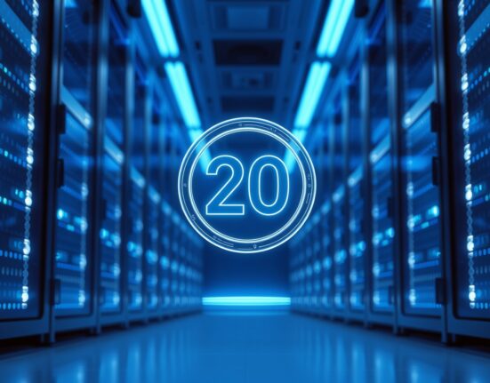 Glowing B20 token floating above server racks in a modern data center, representing the Base network upgrade.