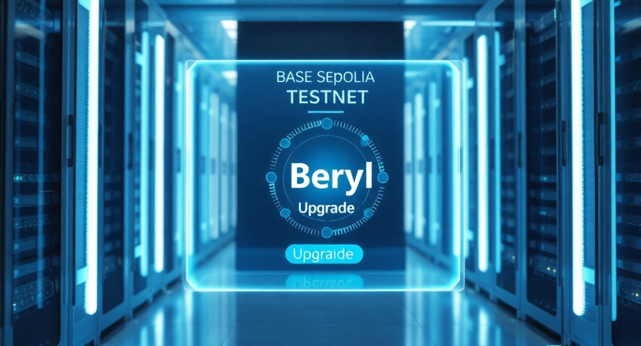 Data center with holographic display showing Base Sepolia testnet Beryl upgrade