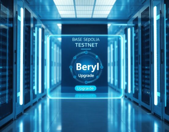 Data center with holographic display showing Base Sepolia testnet Beryl upgrade