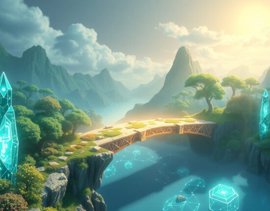 Base blockchain's technological transition from OP Stack to its own integrated foundation visualized as a bridge between ecosystems.