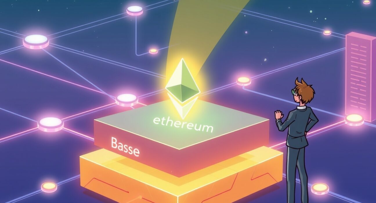 A cartoon showing the Base Layer 2 network integrating with Ethereum, symbolizing its alignment and secure foundation.