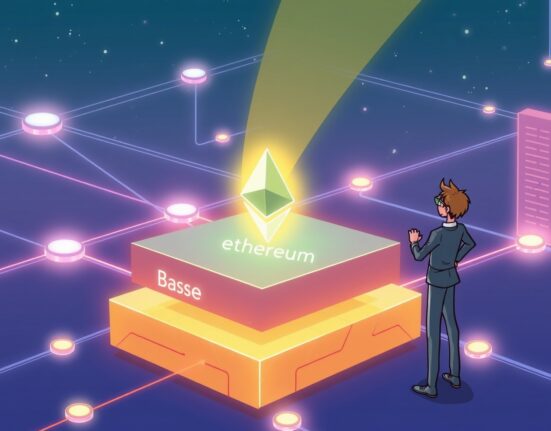 A cartoon showing the Base Layer 2 network integrating with Ethereum, symbolizing its alignment and secure foundation.