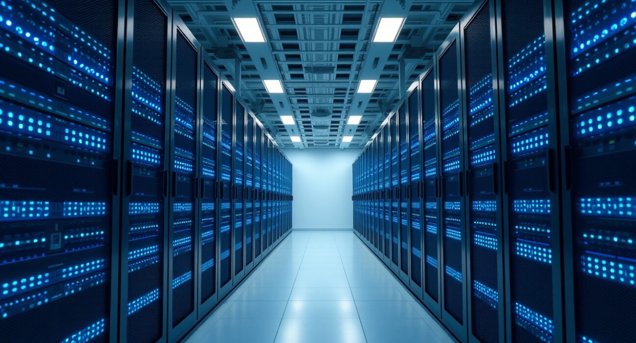 Data center server rack with blue lights representing blockchain network recovery