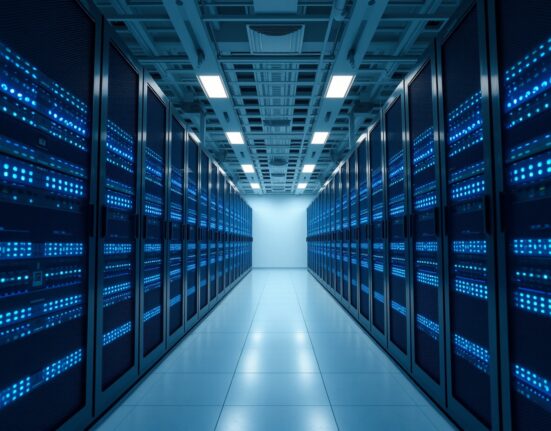 Data center server rack with blue lights representing blockchain network recovery