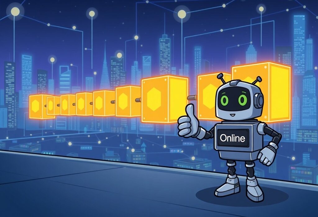 A cartoon illustration showing the successful resumption of Base network block generation, indicating network health and stability.