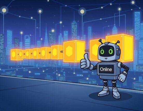 A cartoon illustration showing the successful resumption of Base network block generation, indicating network health and stability.