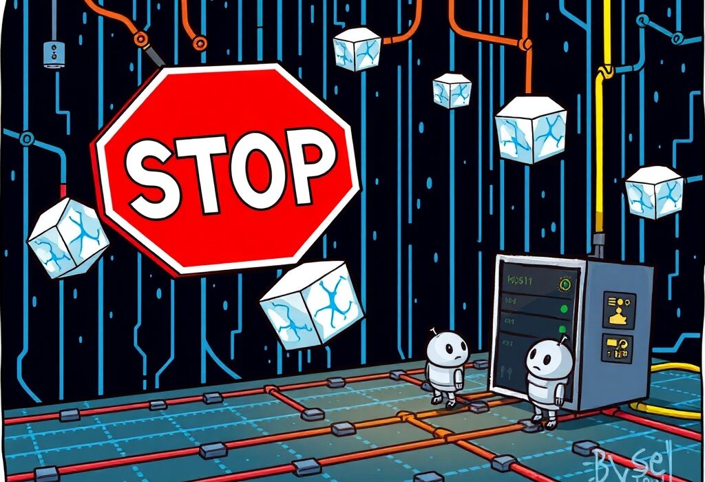Cartoon illustration of a Base network halt, showing frozen blockchain block production and a network disruption.