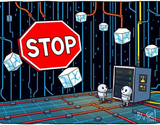 Cartoon illustration of a Base network halt, showing frozen blockchain block production and a network disruption.