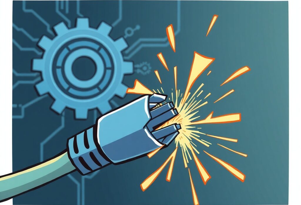 Cartoon depiction of a digital network experiencing a Base network outage due to a critical sequencer configuration error, highlighting disruption.