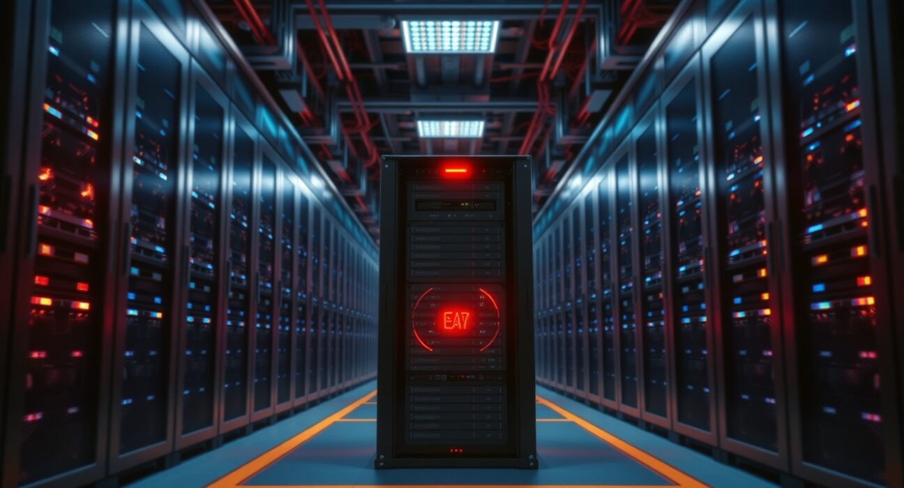 Data center servers with warning lights indicating network disruption at Base blockchain infrastructure.