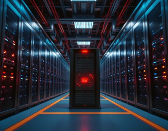 Data center servers with warning lights indicating network disruption at Base blockchain infrastructure.