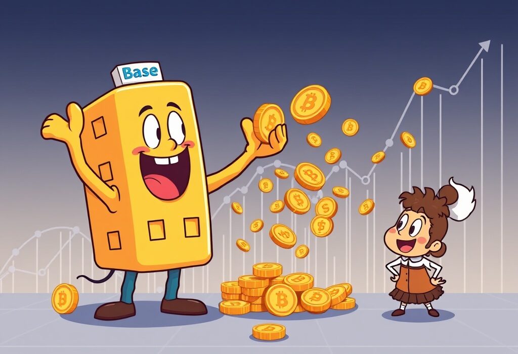 A cartoon illustration symbolizing the Base network's significant lead in daily token creations over Solana, highlighting its rapid growth.