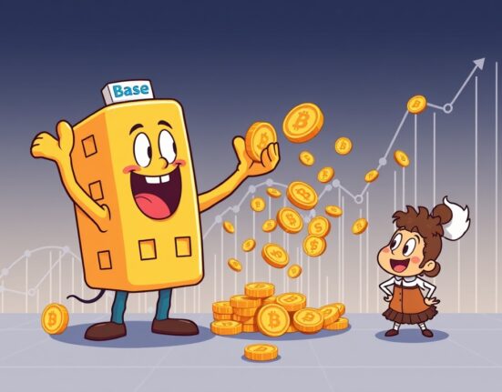 A cartoon illustration symbolizing the Base network's significant lead in daily token creations over Solana, highlighting its rapid growth.