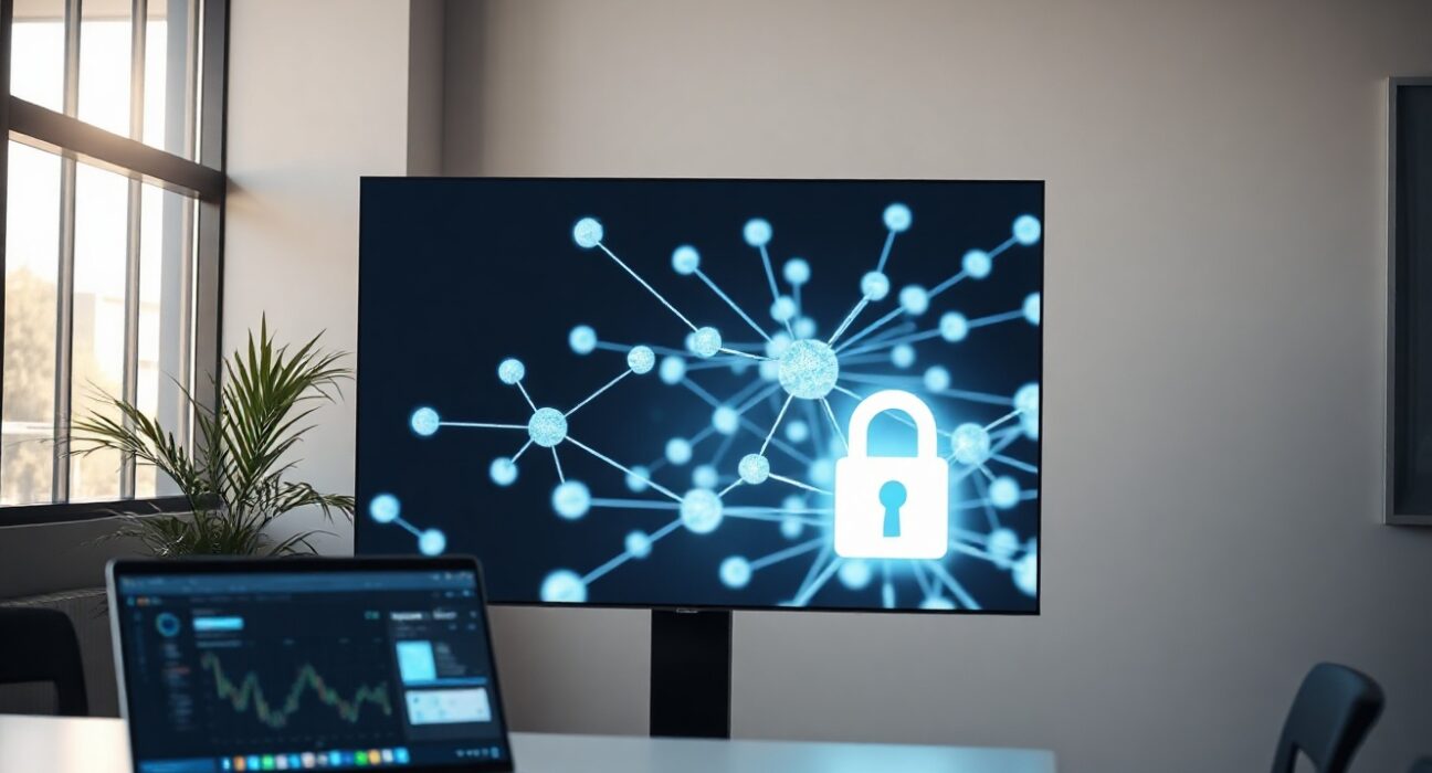 Digital screen showing blockchain network with encrypted data streams in a modern office setting