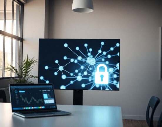 Digital screen showing blockchain network with encrypted data streams in a modern office setting