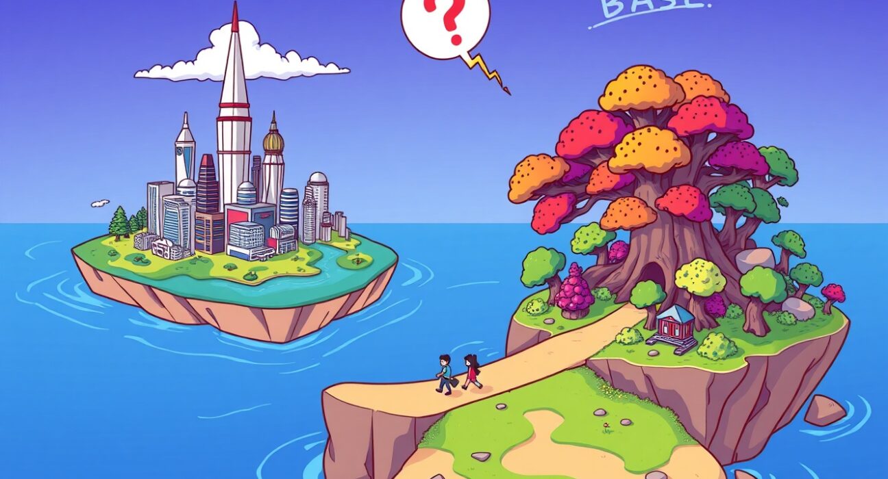 Cartoon illustration of the quiet Base-Solana bridge connecting two vibrant blockchain ecosystems.