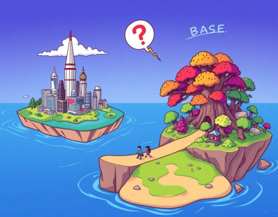 Cartoon illustration of the quiet Base-Solana bridge connecting two vibrant blockchain ecosystems.