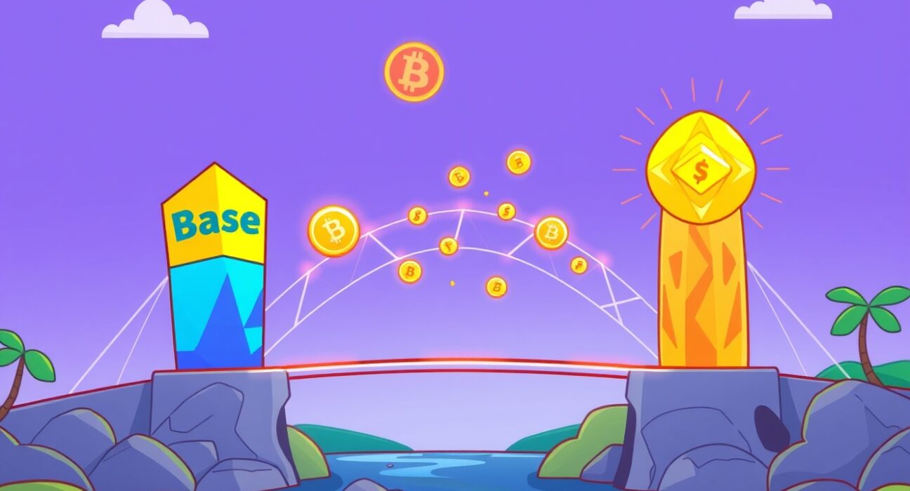 A cartoon illustration of a glowing bridge connecting the Base and Solana blockchain networks, symbolizing the new Base Solana bridge and seamless crypto transfers.